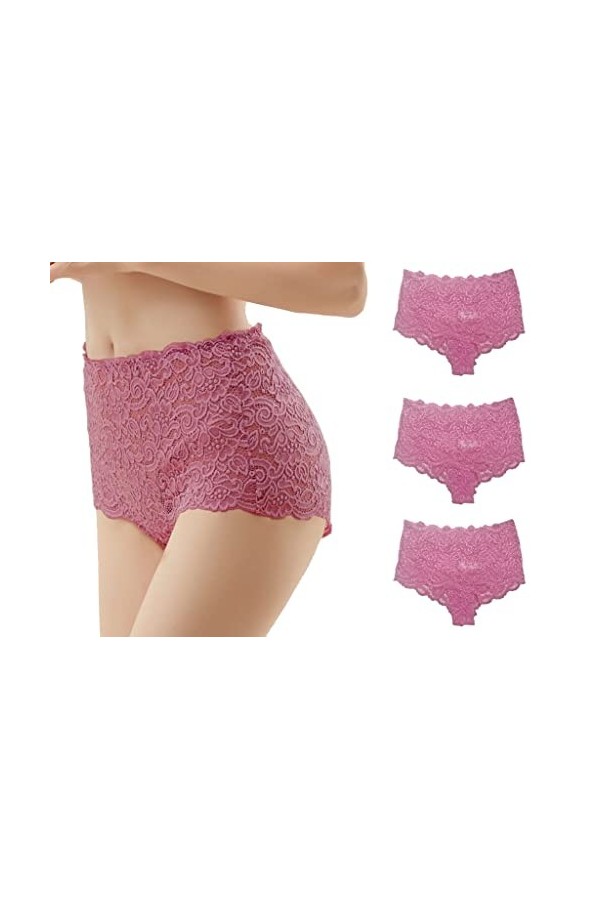 Trifolium Lot de 3 culottes sexy en dentelle pour femme - Taille haute - Transparent, Rose - Lot de 3., 46-48