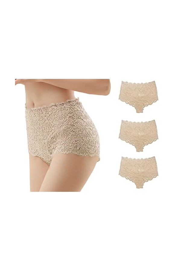 Trifolium Lot de 3 culottes sexy en dentelle pour femme - Taille haute - Transparent, Rose - Lot de 3., 46-48