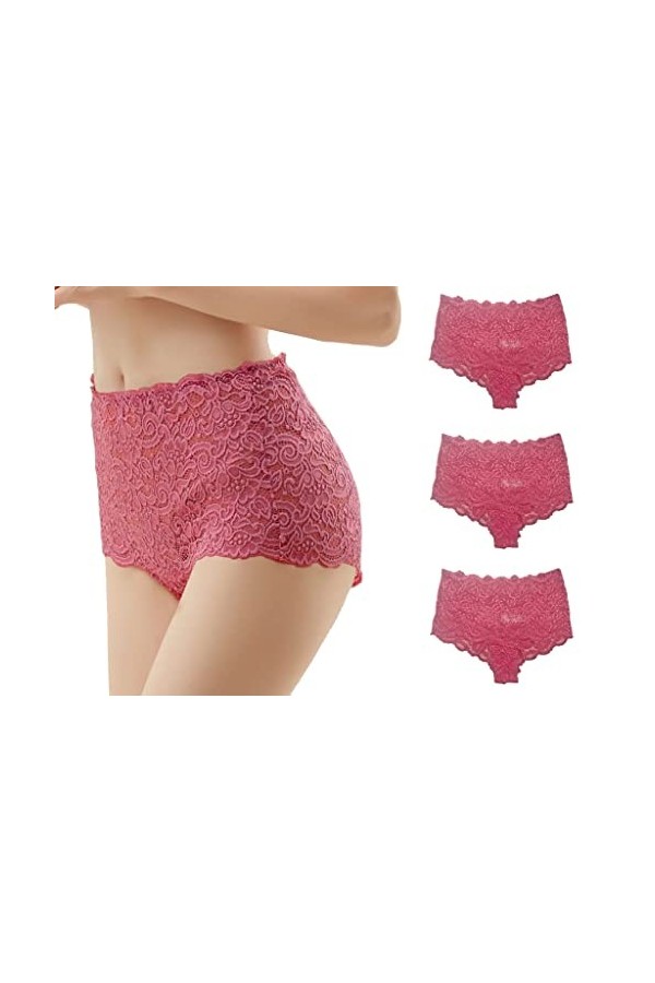 Trifolium Lot de 3 culottes sexy en dentelle pour femme - Taille haute - Transparent, Rose - Lot de 3., 46-48