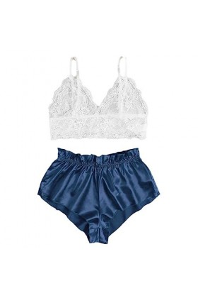 Lingerie Sexy pour Femme Coquine en Dentelle Sexy avec Soutien-Gorge et Culotte - Bleu Marine Bleu Marine S 