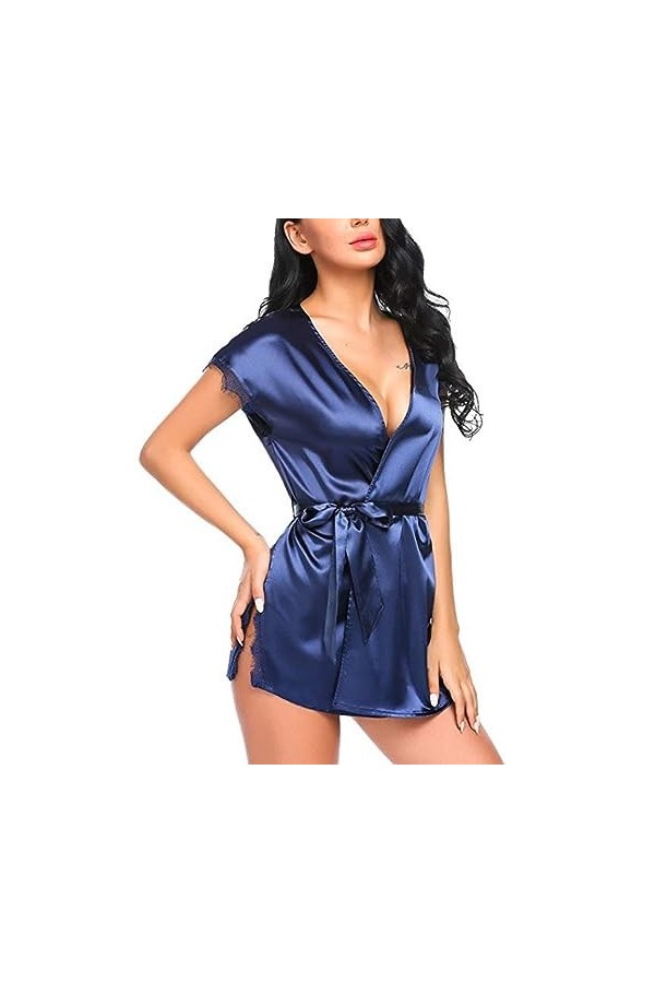 RWRAPS Lingerie Sexy pour Femme - Cardigan en Satin de Soie glacée - Pyjama érotique - Rose Bleu X 
