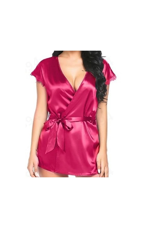 RWRAPS Lingerie Sexy pour Femme - Cardigan en Satin de Soie glacée - Pyjama érotique - Rose Bleu X 