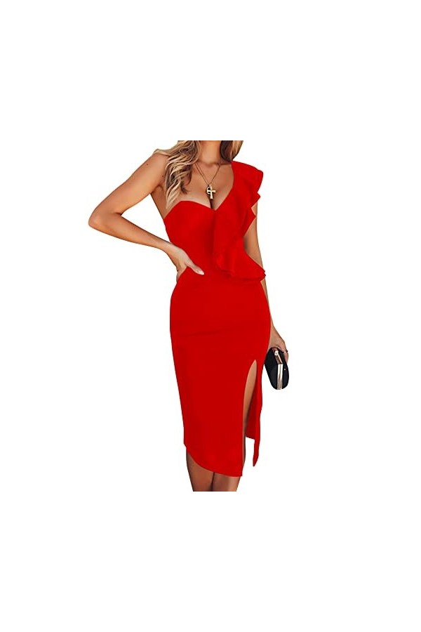 Robe à volants asymétriques fendue sur le côté - Robe moulante pour invités de mariage, E-black, M