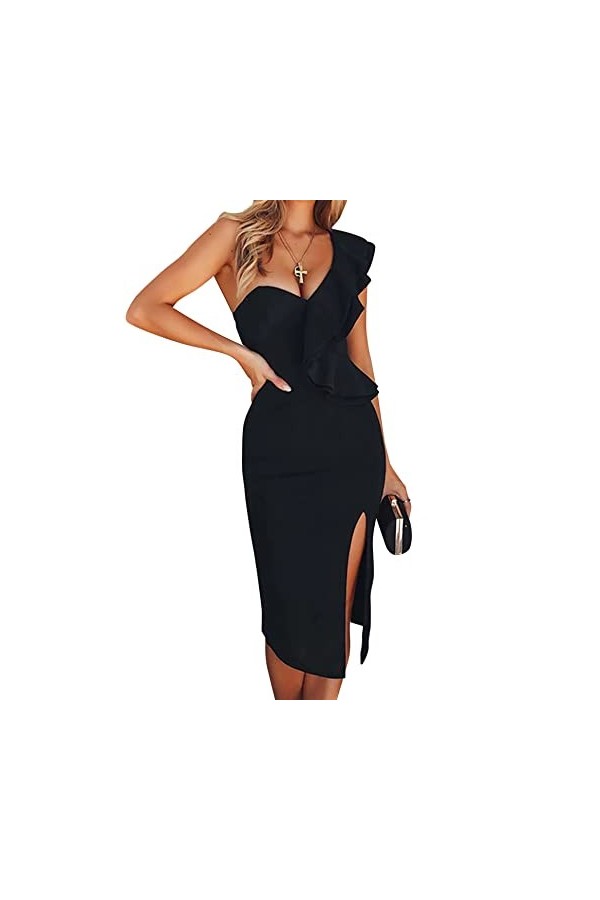 Robe à volants asymétriques fendue sur le côté - Robe moulante pour invités de mariage, E-black, M