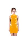 PVC Glossy Patent Leather Three Zippers Sleeveless Mini Dress Women High Collar Skinny Dress Nightclub Stage Bandage Clubwear
