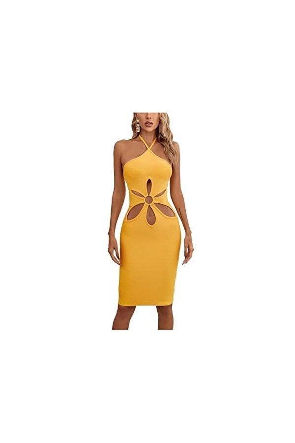 UOXOO Femmes Été Licou Cou Sangle Robe Creuse Robe Sexy Dos Nu Nombril Bandage Robe