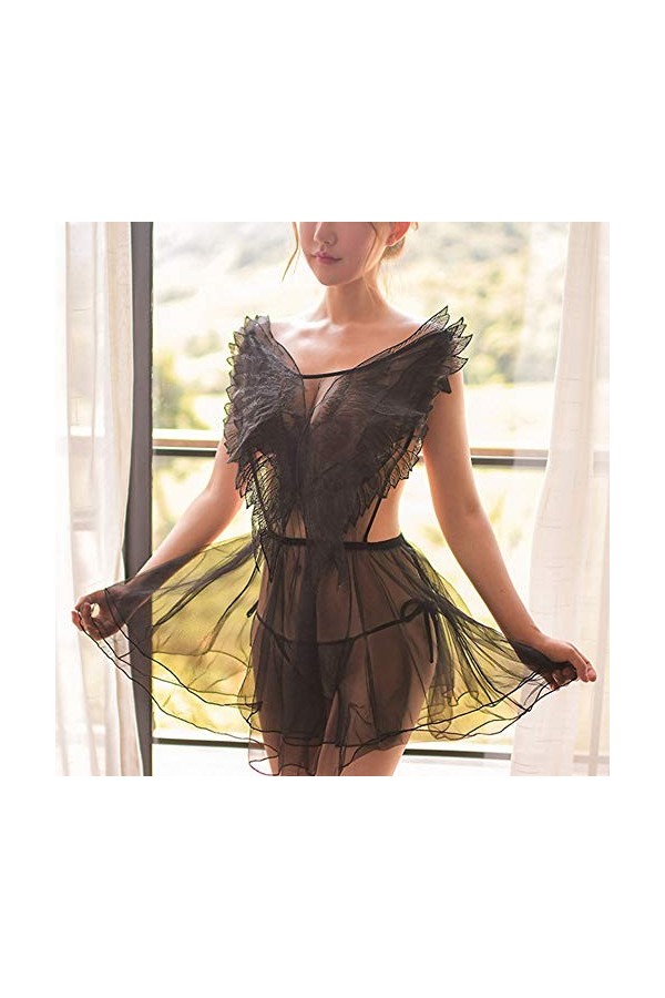 Ensemble de Lingerie Sexy, Lingerie Sexy en V Profond pour Femme, Pyjama en Dentelle, String, Mini Chemise de Nuit, Pyjama év