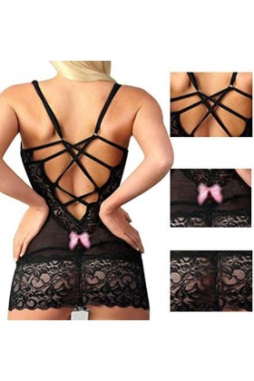 AKAZI Lingerie Sexy pour la Saint-Valentin, Lingerie Sexy pour Femme en Dentelle Noire avec nœud Papillon évider Nuisette sou