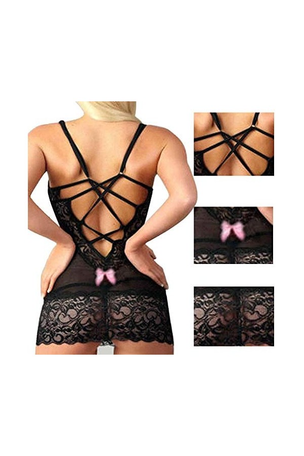 AKAZI Lingerie Sexy pour la Saint-Valentin, Lingerie Sexy pour Femme en Dentelle Noire avec nœud Papillon évider Nuisette sou