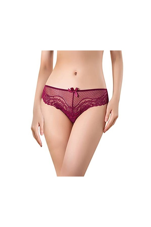 Culotte taille basse respirante sexy en maille et dentelle avec string en V pour femme, rose, XL