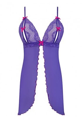 Axami Nuisette violet avec nœuds roses et string assorti, Violet/rose, L