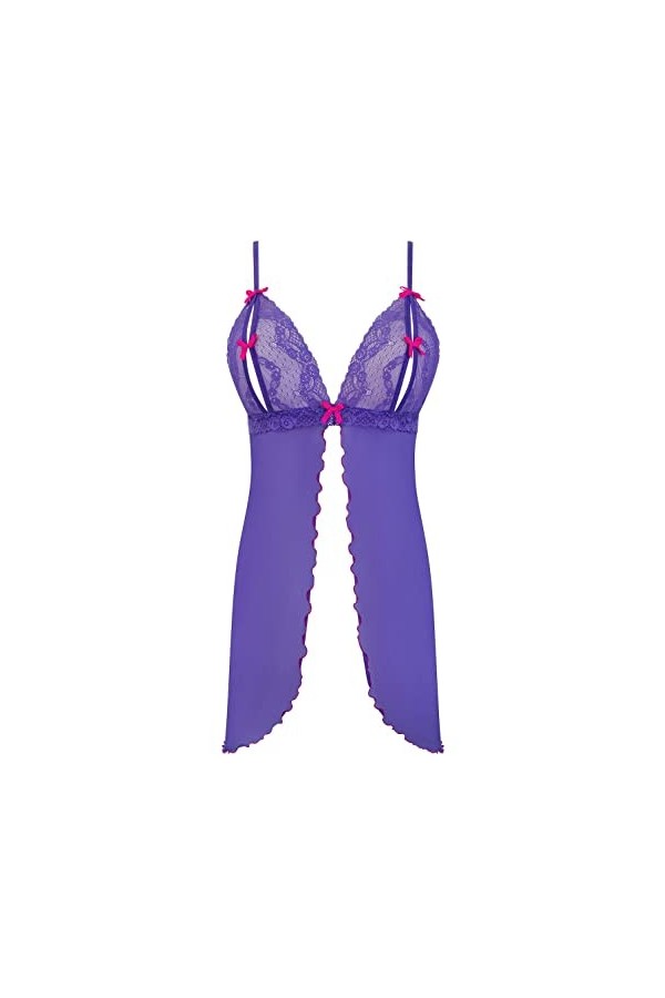 Axami Nuisette violet avec nœuds roses et string assorti, Violet/rose, L