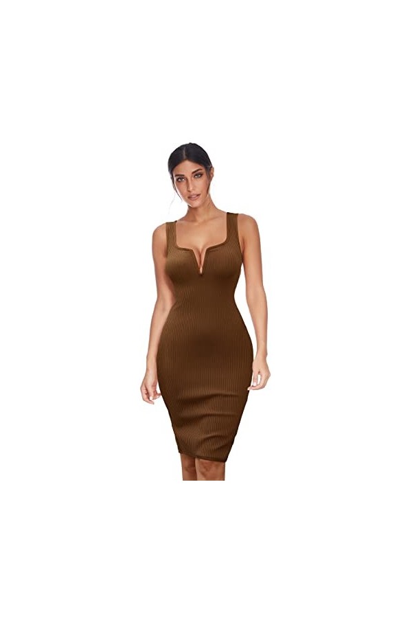 meilun Robe bandage sexy à col en V pour femme sans manches, marron, Taille M
