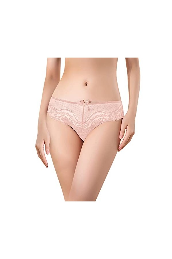 Culotte taille basse respirante sexy en maille et dentelle avec string en V pour femme, rose, XL