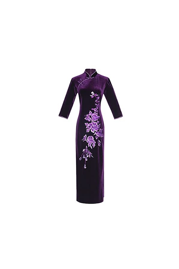 Qipao Robe chinoise à manches longues en velours Violet, Violet Long Qipao, Taille XL