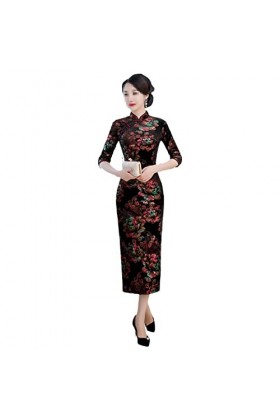 Cheongsam - Manches 3/4 - Velours doré - Pour femme - Pour le quotidien, noir, Taille XL