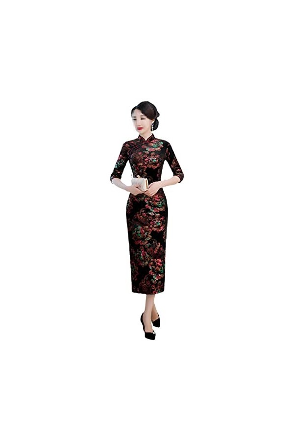 Cheongsam - Manches 3/4 - Velours doré - Pour femme - Pour le quotidien, noir, Taille XL