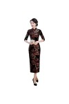 Cheongsam - Manches 3/4 - Velours doré - Pour femme - Pour le quotidien, noir, Taille XL
