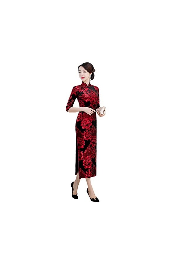 Cheongsam - Manches 3/4 - Velours doré - Pour femme - Pour le quotidien, noir, Taille XL