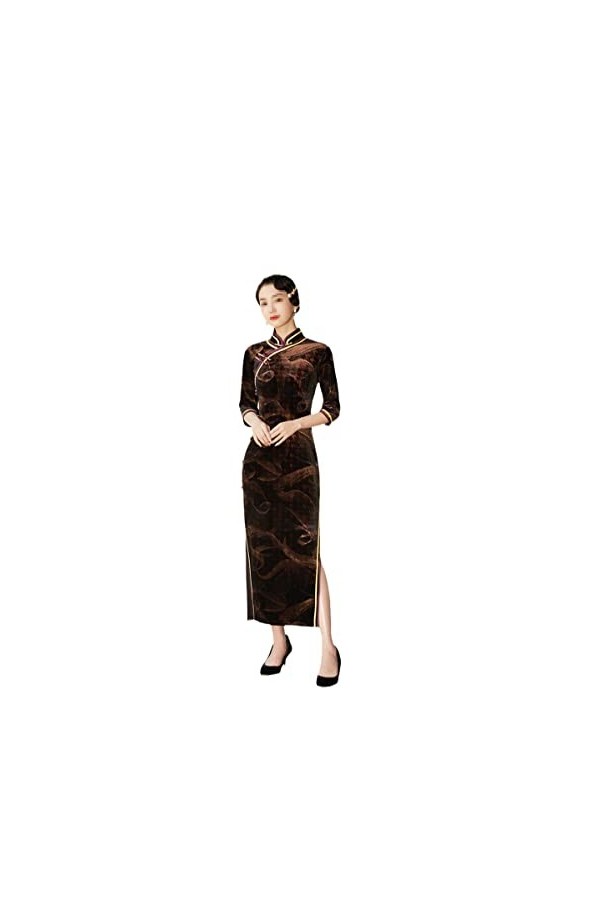 Bervoco Qipao - Manches longues en velours à sept points - Élégant - Pour banquet - Broderie - Cheongsam, 551, Taille 3XL