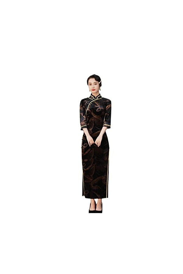 Bervoco Qipao - Manches longues en velours à sept points - Élégant - Pour banquet - Broderie - Cheongsam, 551, Taille 3XL