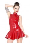 UUKR Femme Robe PVC Noir Rouge Rouge High Collier sans manches Fermeture à glissière plissée Mini Dress Party Party Night Clu