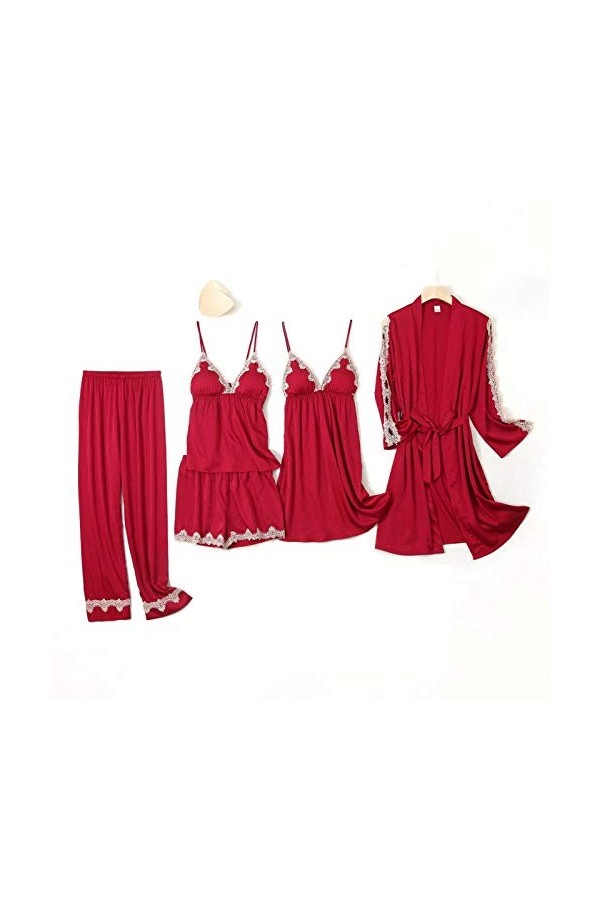 Ensemble De Pyjama Femme - Sexy Strap Top Long Pants Sleepwear Burgundy Pyjamas 5Pcs Set Nightgown Lady Sleep Suit Casual Hom