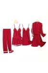 Ensemble De Pyjama Femme - Sexy Strap Top Long Pants Sleepwear Burgundy Pyjamas 5Pcs Set Nightgown Lady Sleep Suit Casual Hom