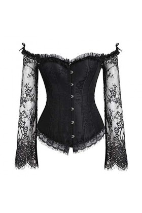 Heqianqian Corset Bustier Gothique à Manches Longues en Dentelle à épaules dénudées pour Femme Respirant Color : Black+White