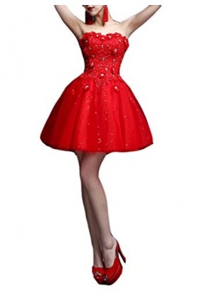 Emmani Femmes Sexy Courte Chérie Dentelle Célébrité Bal Soirée Mariage Demoiselle dhonneur Cocktail Robes de Bal - Rouge - 4