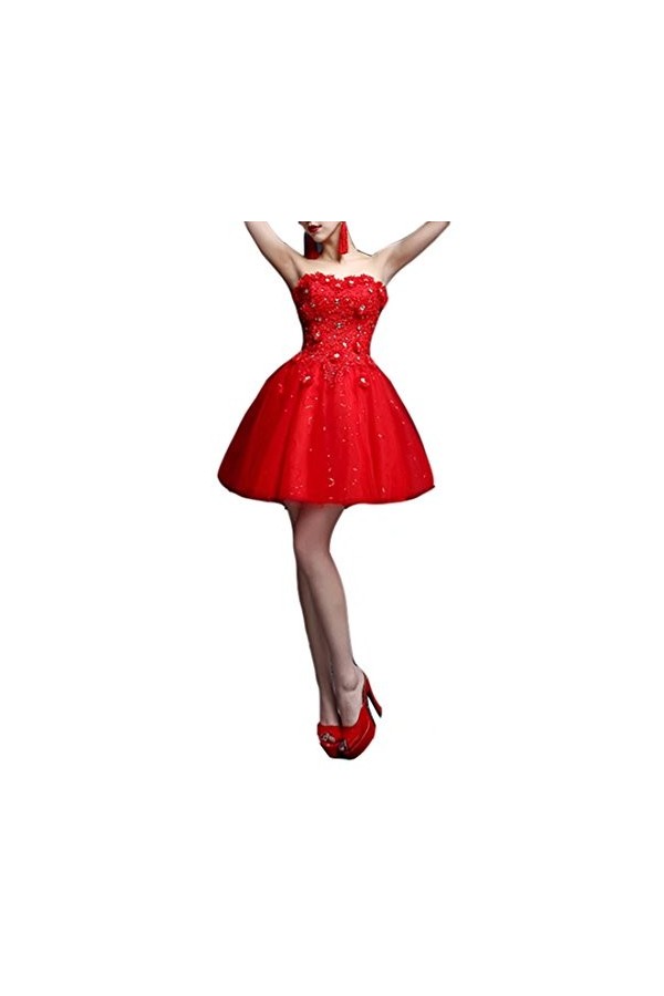 Emmani Femmes Sexy Courte Chérie Dentelle Célébrité Bal Soirée Mariage Demoiselle dhonneur Cocktail Robes de Bal - Rouge - 4