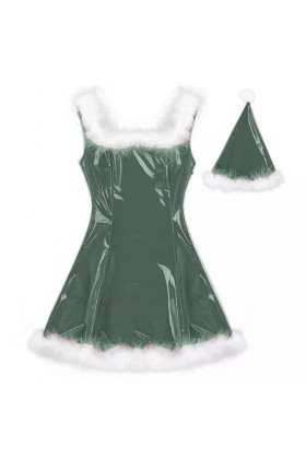 JQYTEN Women Santa Claus Glossy Mini Dress Feather Decor Sleeveless PVC Dress Sexy Cosplay Costume Christmas Uniform With Hat