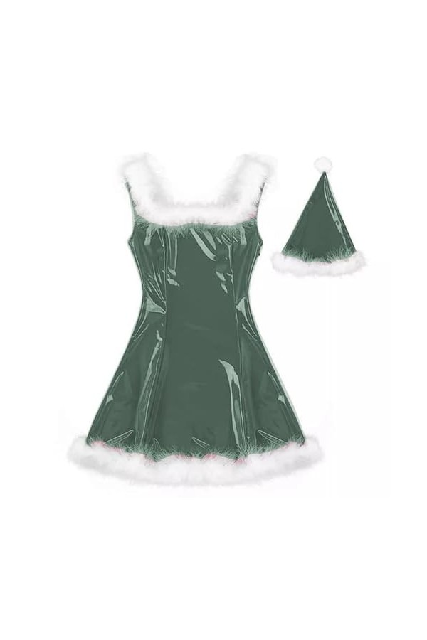 JQYTEN Women Santa Claus Glossy Mini Dress Feather Decor Sleeveless PVC Dress Sexy Cosplay Costume Christmas Uniform With Hat