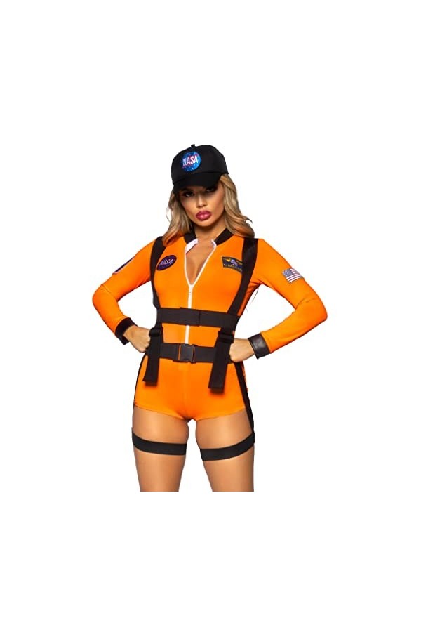 Leg Avenue 3 PC Space Commander, includes zip-up romper with badge accents, garter harness, and matching hat.