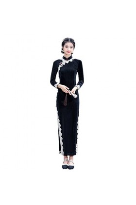 Qipao Col mandarin élégant et sexy en velours fait à la main avec boutons en velours doré, 1174, Taille L