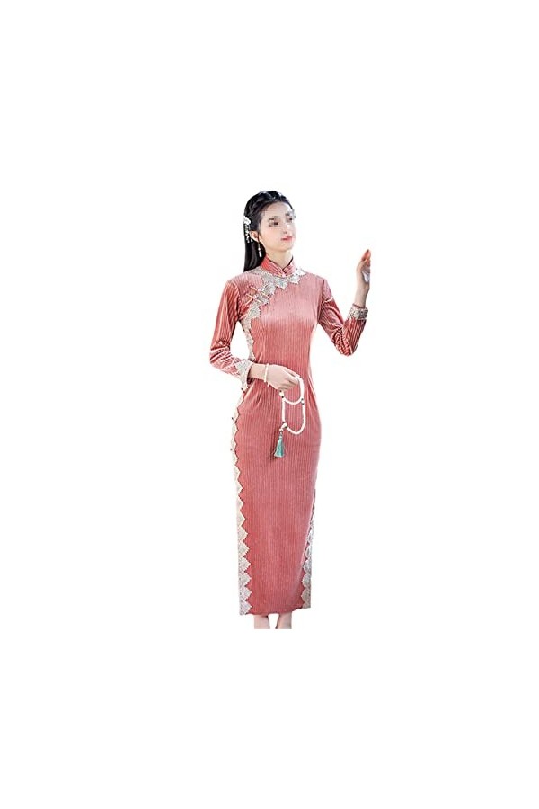 Qipao Col mandarin élégant et sexy en velours fait à la main avec boutons en velours doré, 1174, Taille L