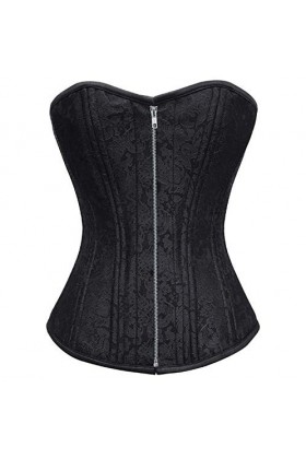 Corset en brocart noir avec baleines en acier et fermeture éclair pour femme - Noir - 52 Pour le tour de taille 28"-29" 