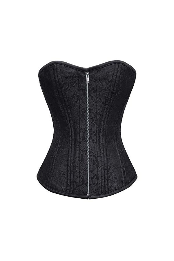 Corset en brocart noir avec baleines en acier et fermeture éclair pour femme - Noir - 52 Pour le tour de taille 28"-29" 