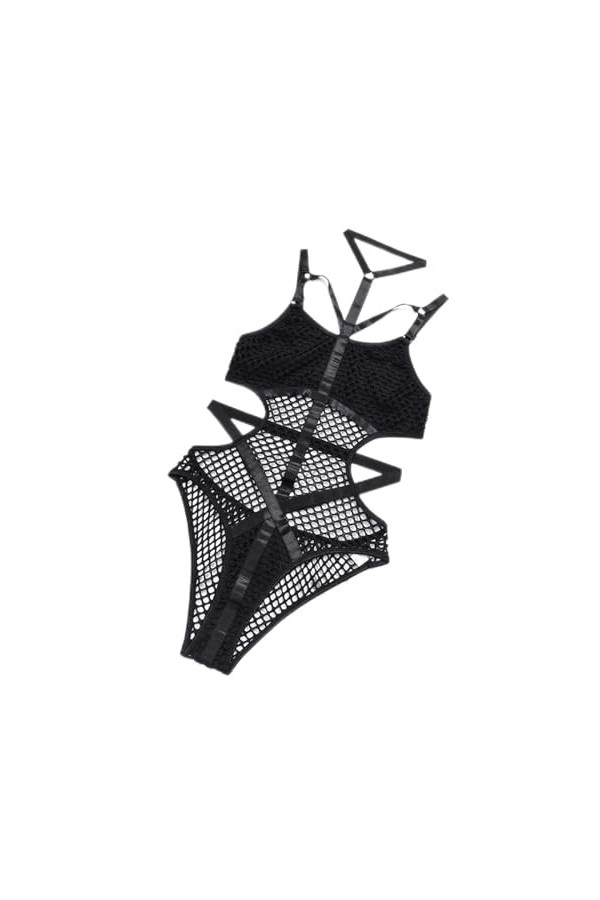 RWRAPS Lingerie sexy pour femme Mini nuisette sexy dos nu, lingerie sexy creuse à col licou, combinaison en maille noir S 