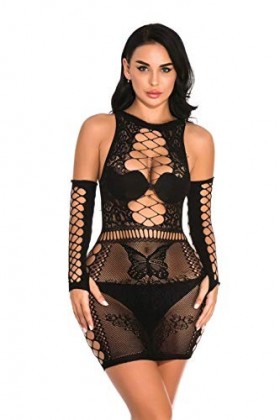 Lingerie Papillon Sac Hanche Robe Costume À Manches Mi-Longues Jupe Courte Chemise De Nuit en Dentelle pour Femme Une Pièce e