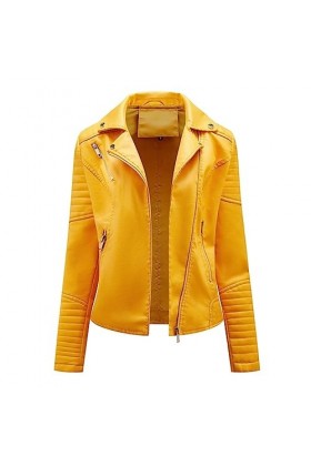 Fjnbbiot Veste De Motard À Fermeture Éclair Pour Femme, Veste En Simili Cuir À La Mode, Manteau Printemps-Automne yellow XXL