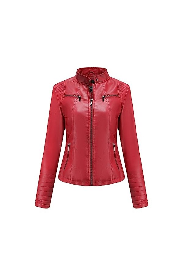 Fjnbbiot Veste En Cuir Mince Pour Femmes, Col Montant, Fermeture Éclair, Couture, Couleur Unie Red L