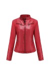 Fjnbbiot Veste En Cuir Mince Pour Femmes, Col Montant, Fermeture Éclair, Couture, Couleur Unie Red L