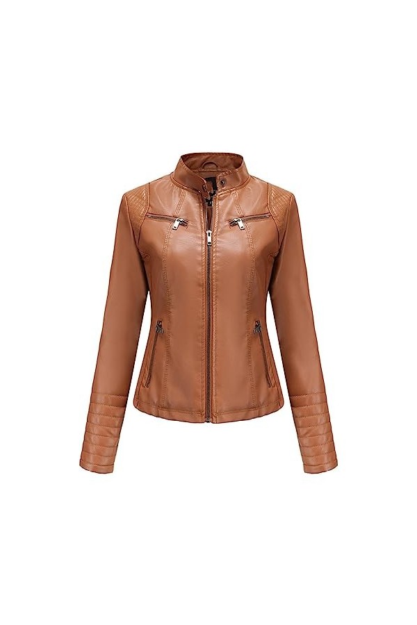 Fjnbbiot Veste En Cuir Mince Pour Femmes, Col Montant, Fermeture Éclair, Couture, Couleur Unie Red L