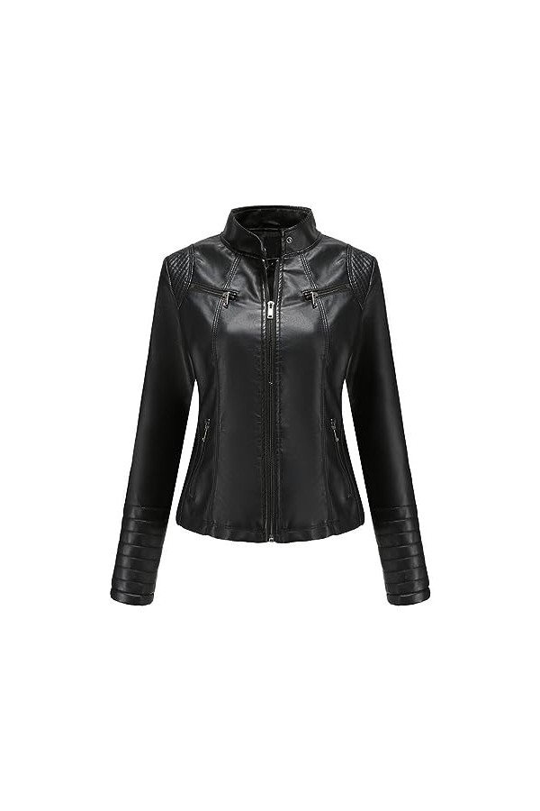 Fjnbbiot Veste En Cuir Mince Pour Femmes, Col Montant, Fermeture Éclair, Couture, Couleur Unie Red L