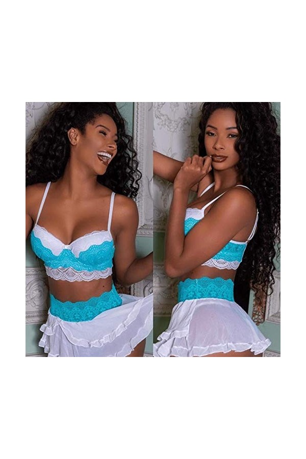 Ensemble de Lingerie Sexy, Dames Mode Dentelle Lingerie Femme sous-vêtements Sexy Ensemble Soutien-Gorge Transparent et Jupe 