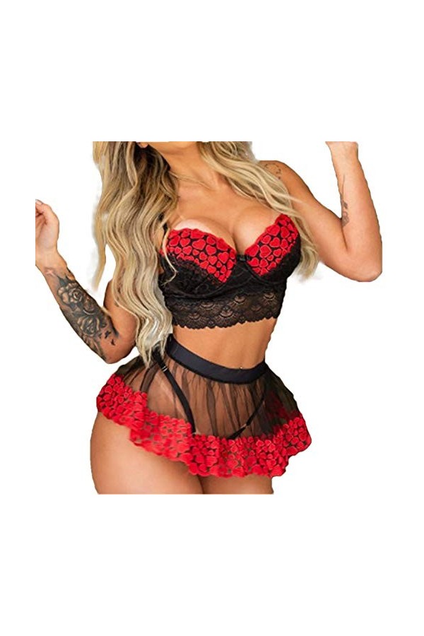 Ensemble de Lingerie Sexy, Dames Mode Dentelle Lingerie Femme sous-vêtements Sexy Ensemble Soutien-Gorge Transparent et Jupe 