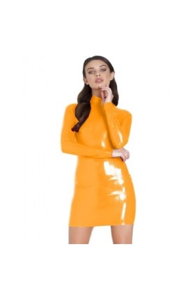 JQYTEN Wet Look Turtleneck Long Sleeve Dress Women Glossy PVC Bodycon Party Mini Dress Sexy Club Back Zipper Short Clubwear