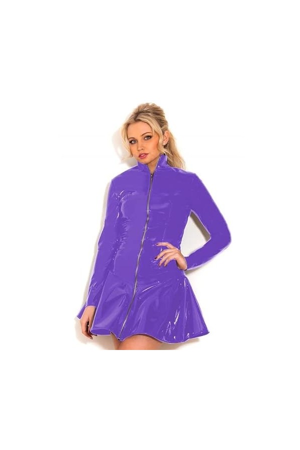 JQYTEN Plus Size Long Sleeve A-Line PVC Dress Women Sexy Full Zipper Skater Vestido Glossy Stand Collar Clubwear Dress
