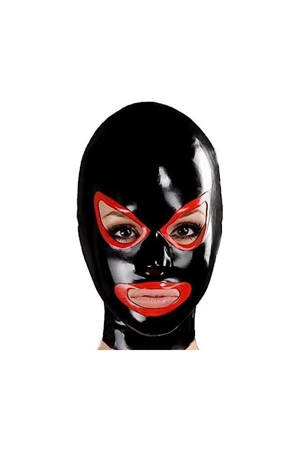 Capuche En Latex Noir Avec Fermeture À Glissière Arrière À Bord Rouge Bouche Ouverte Pour Masque En Caoutchouc Catsuit Tenue 